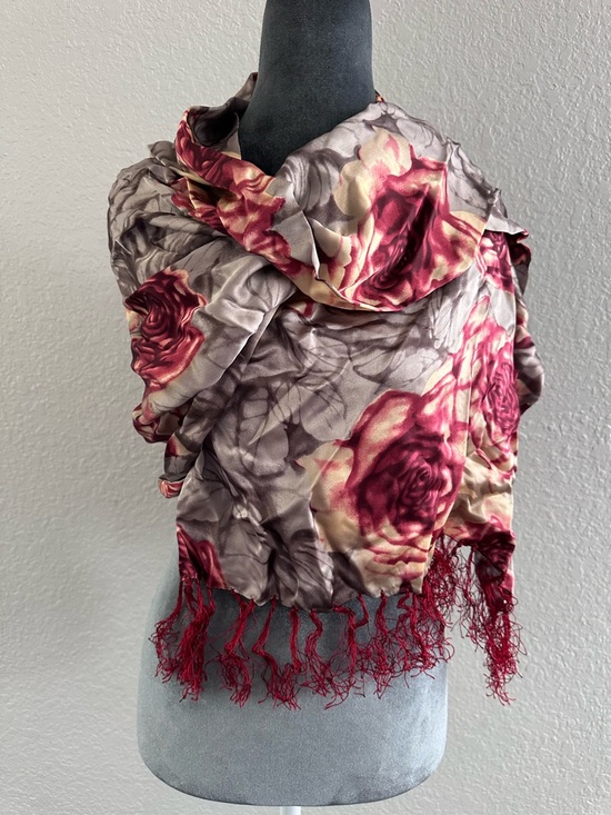 Accessories - Romantic Mulberry Silk Floral Scarf Wrap Rose Print Fringe Shawl Lightweight NWT
